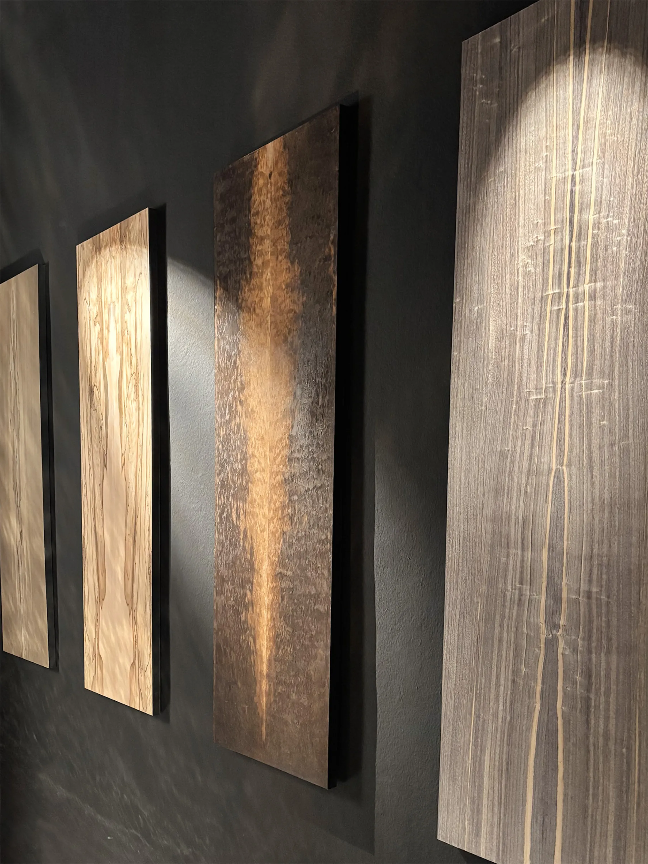 Wood bookmatched wall panels.