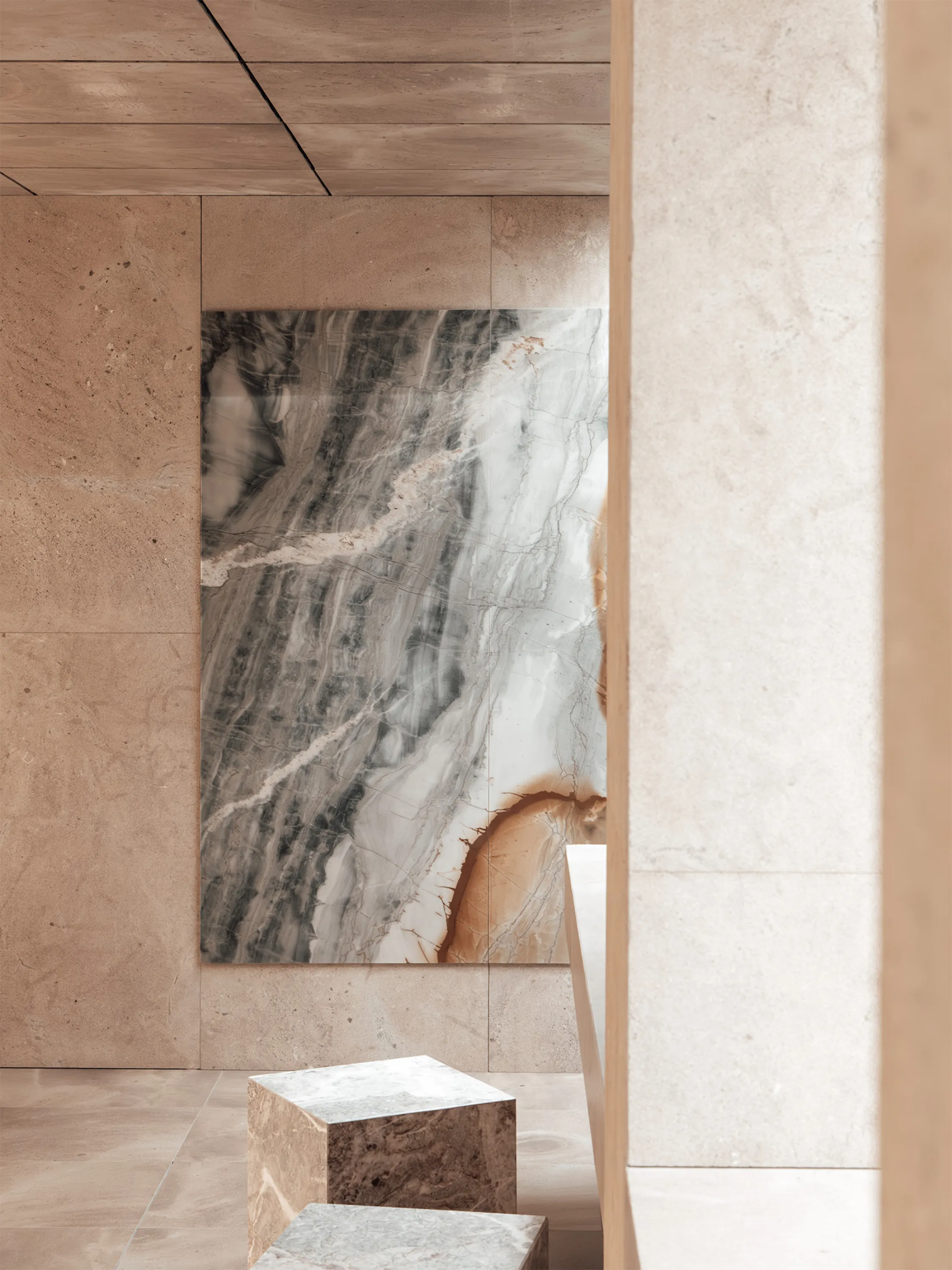 Superposed marble textured in a full-marble home installation.