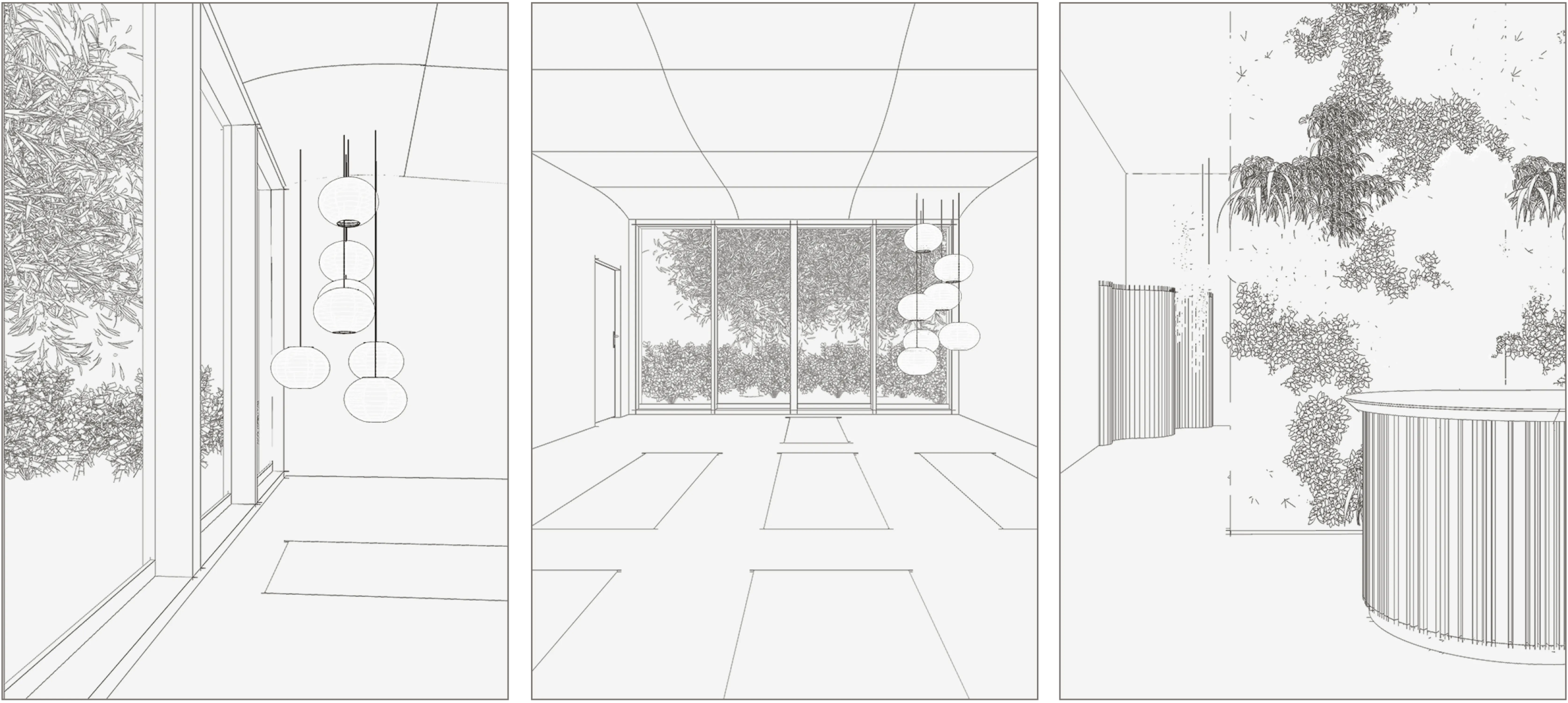 Yoga studio. Cluster of paper lanterns hanging from the ceiling and garden view. Yoga room with curved ceiling and a wall-to-wall opening towards the garden. Entryway with curved front desk, a tall planted wall, and an organic room divider at the back of the space.