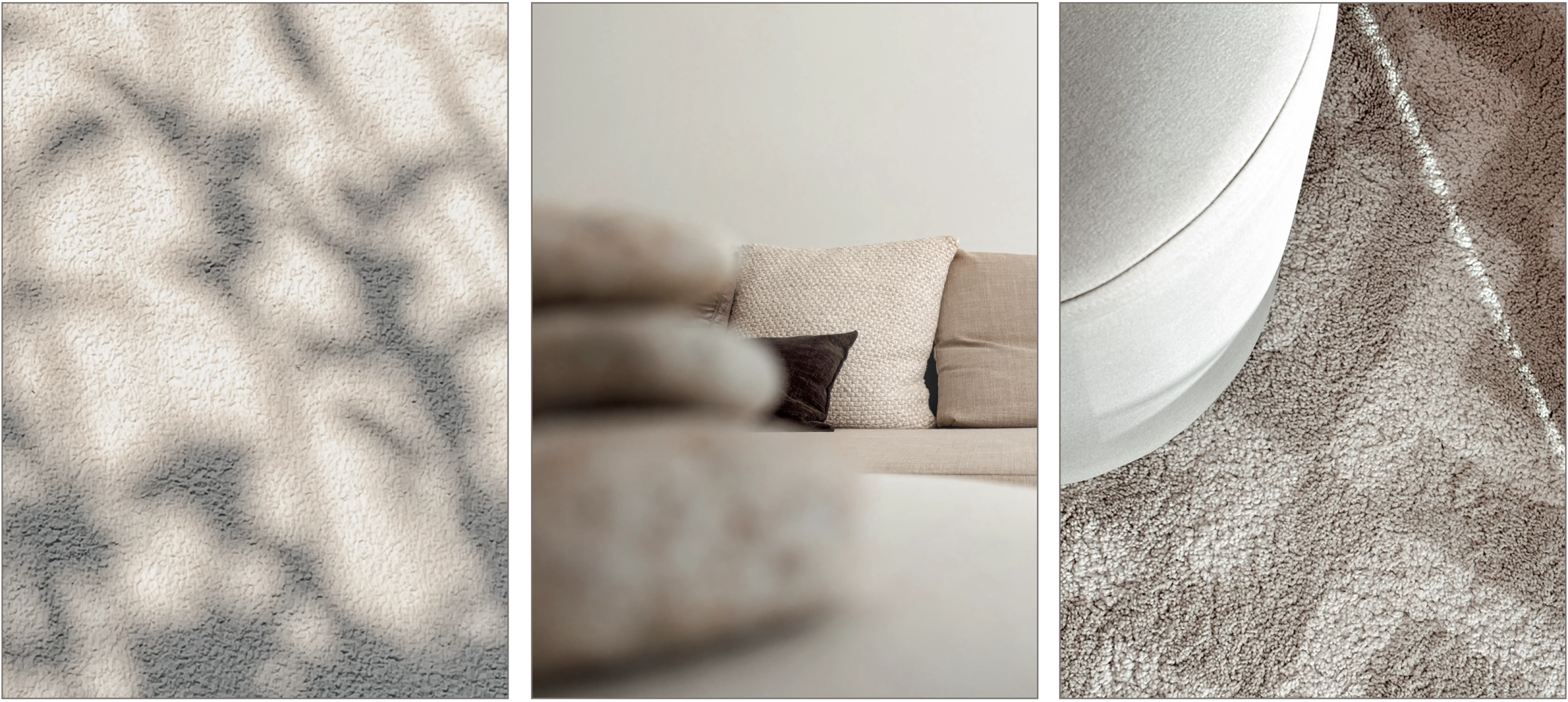Living room. Shadows of foliage on a textured wall. Tactile cushions on a light beige sofa. Sunlight drawing a line on a sand textured rug.