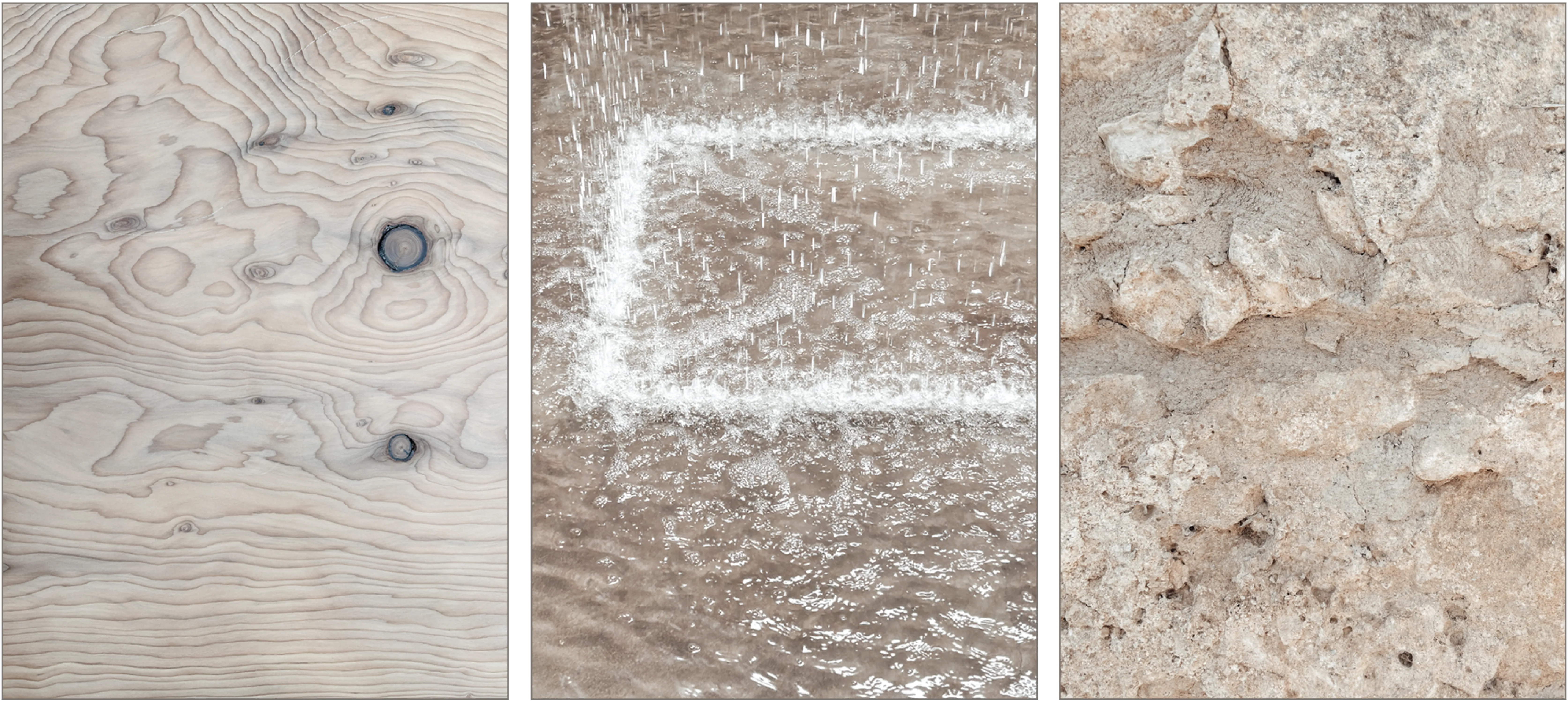Wood texture with marked grain. Detail of a water feature. Stone texture.