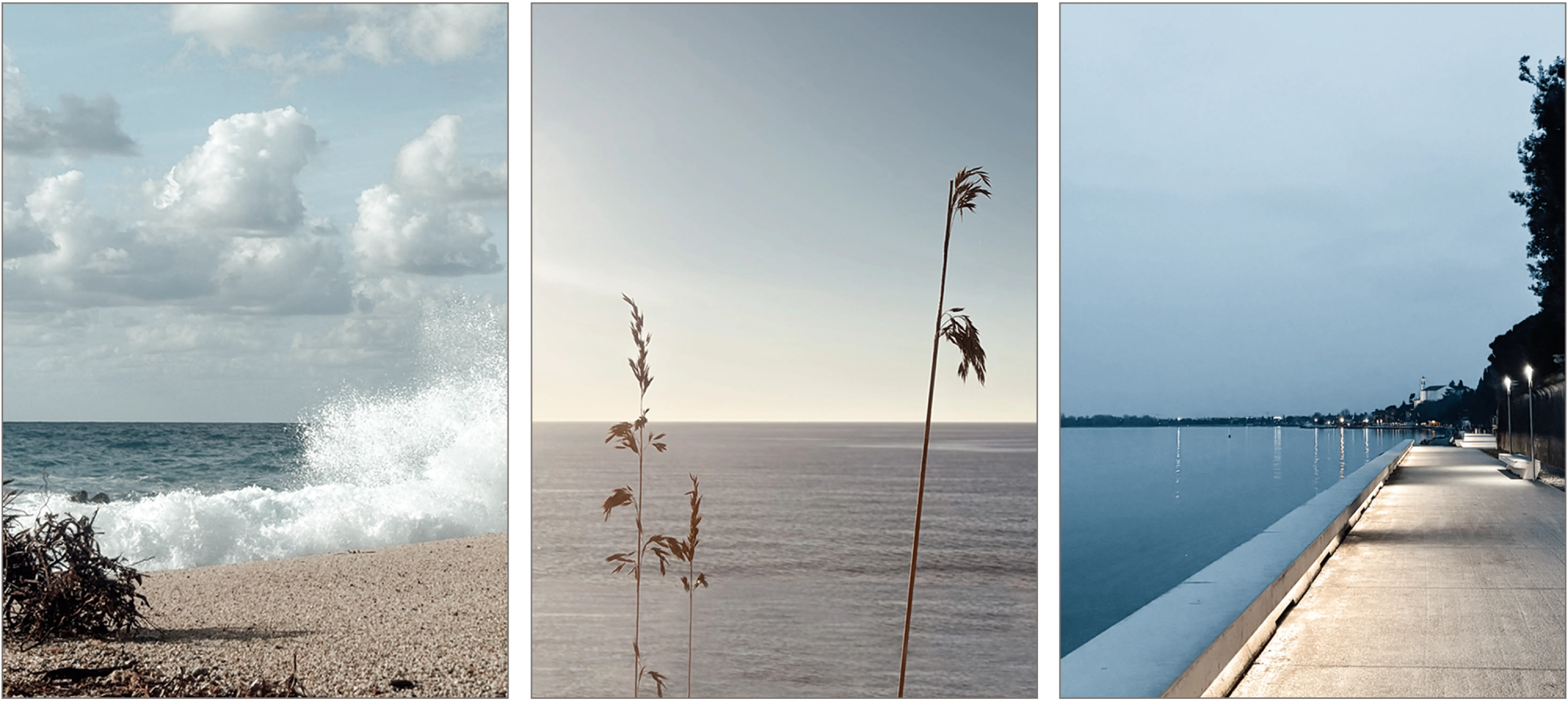 Waves splashing on the shore. A calm ocean view. A lakeside promenade.