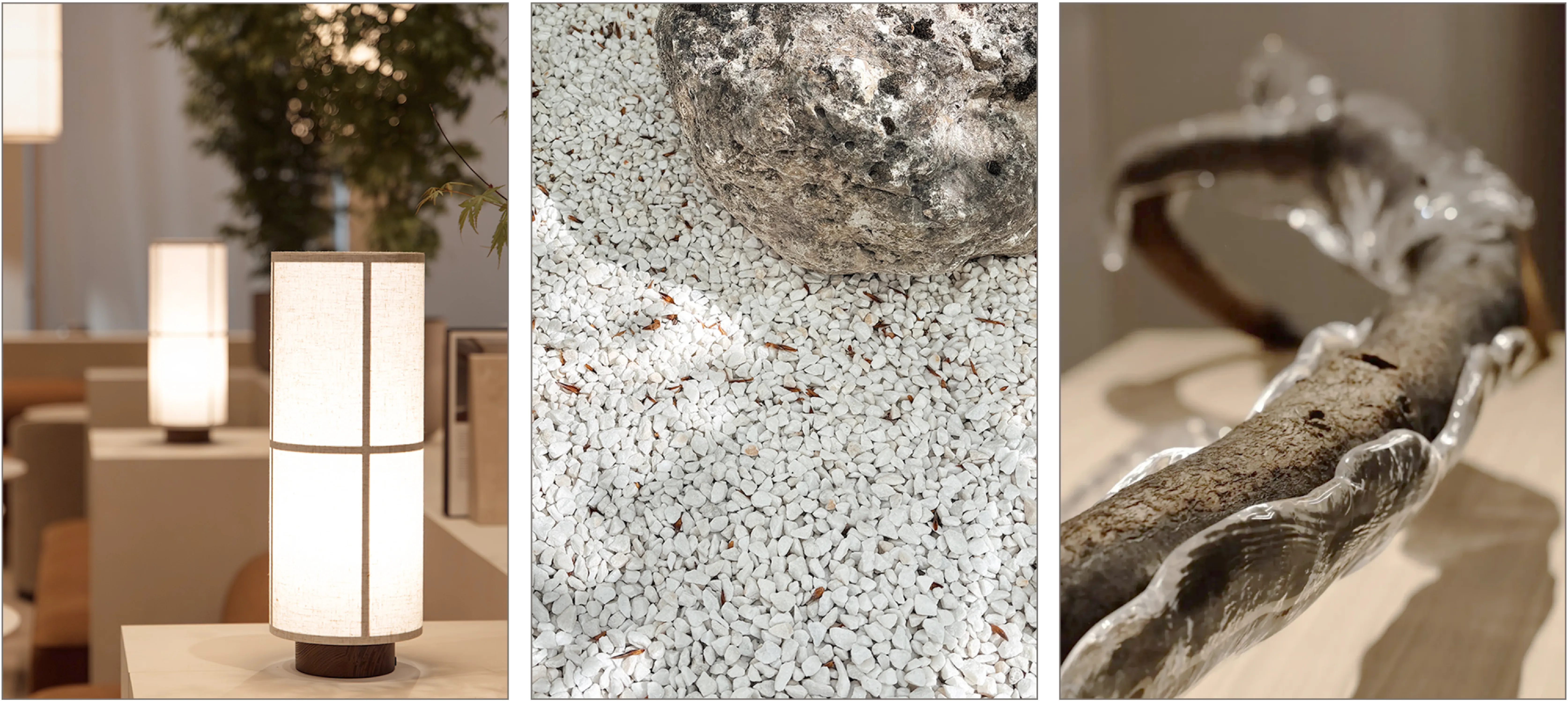 Layered lighting at different levels. Dappled light on gravel. Glass moulded on a branch.