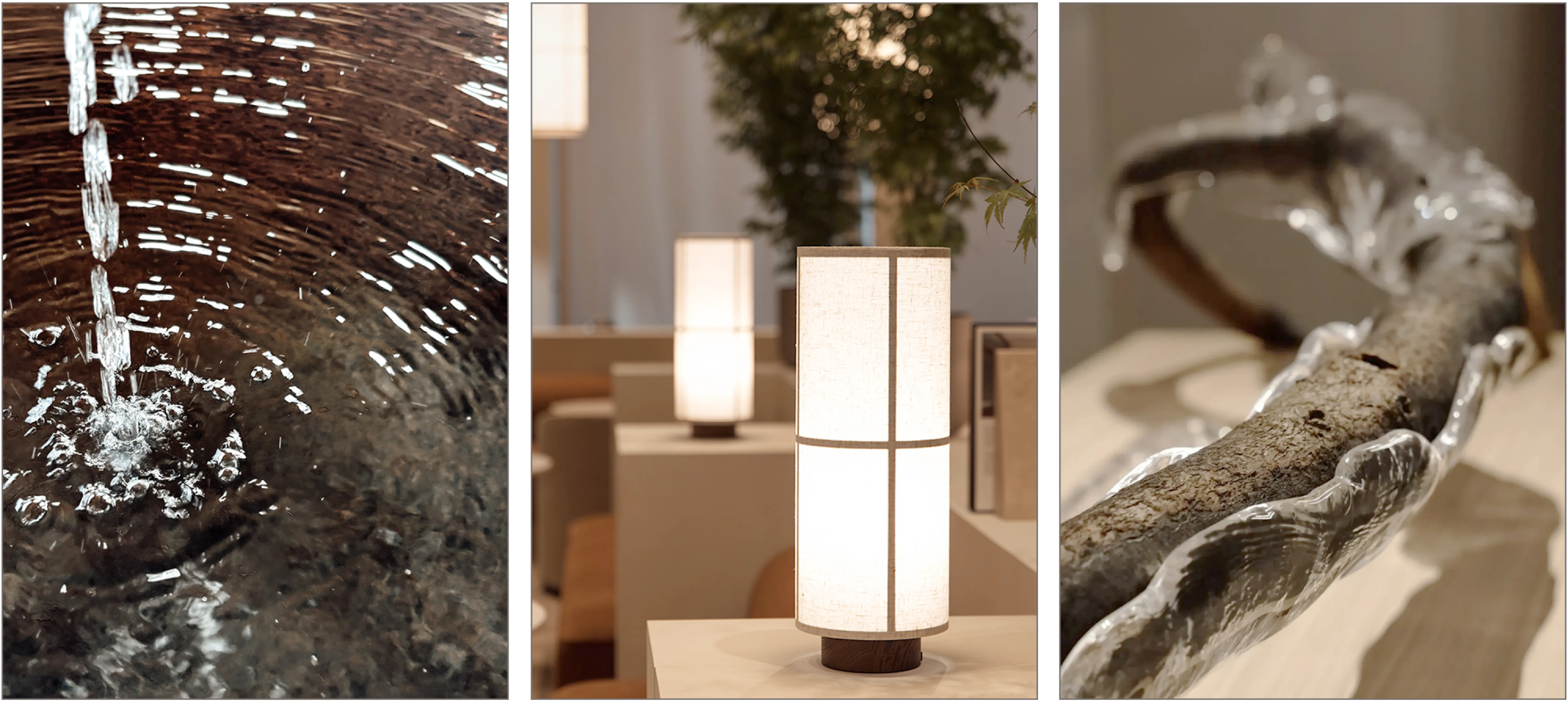 Water moving through a stone courtyard fountain. Layered lighting at different levels. Glass moulded on a branch.