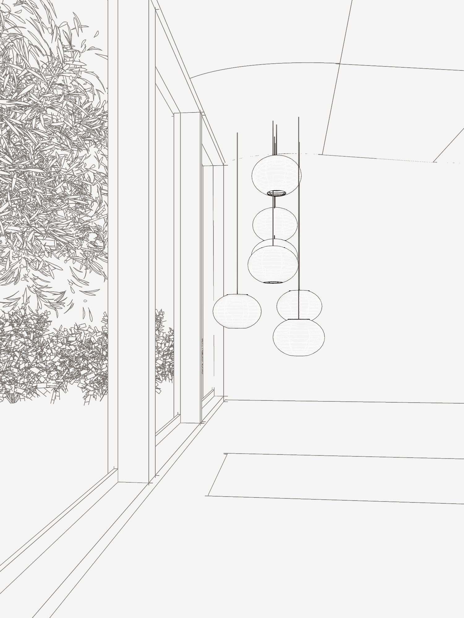Line drawing of paper lanterns beside full-height glazing to the garden