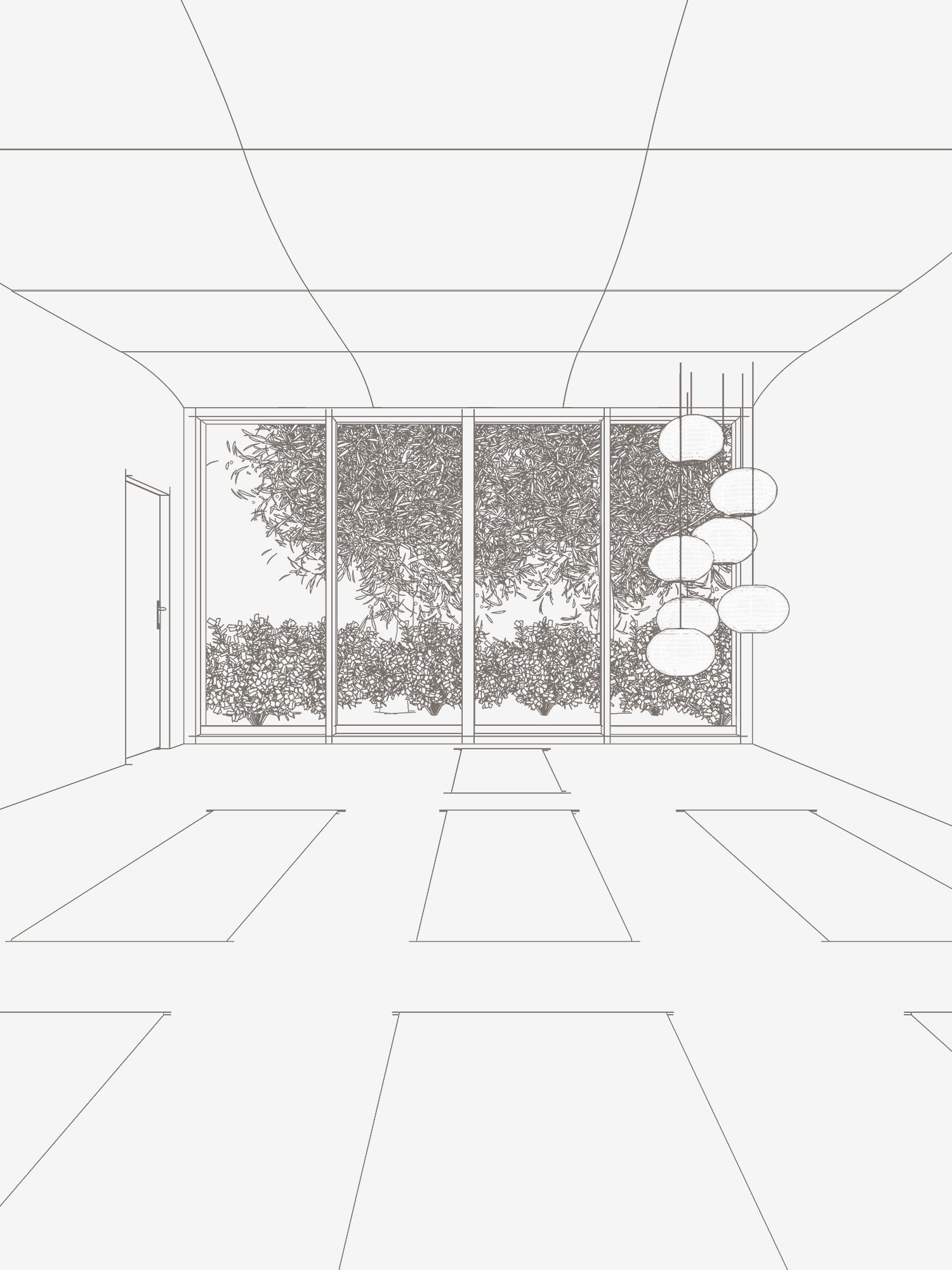 Line drawing of the yoga room, its curved ceiling and mats facing the garden