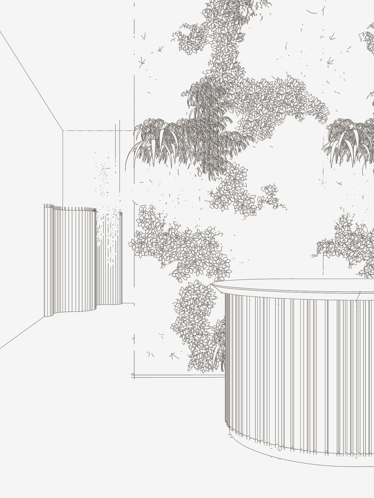 Line drawing of the entry, with curved desk, planted wall, and room divider