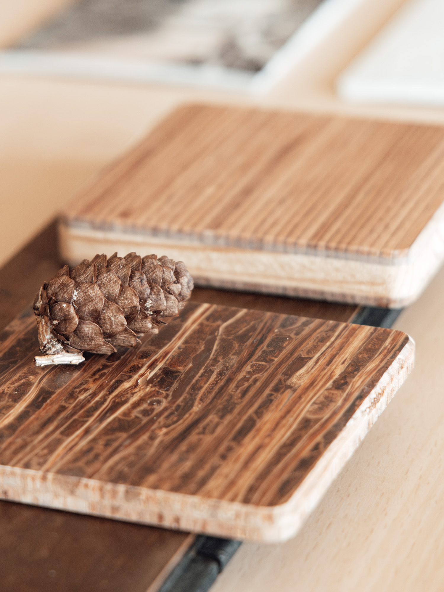 A pinecone beside light and dark wood material samples