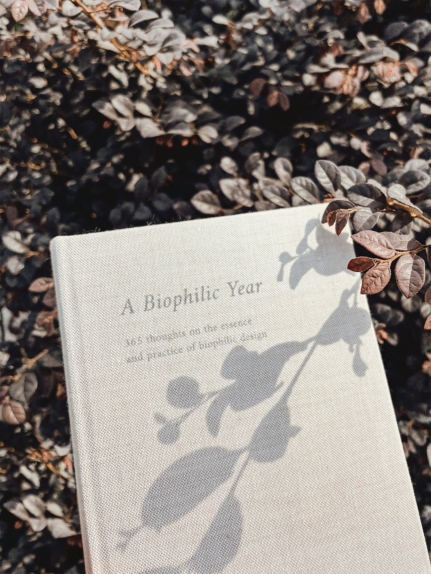 A Biophilic Year's cotton cover resting against dark purple foliage, a plant's shadow cast across the title in sunlight